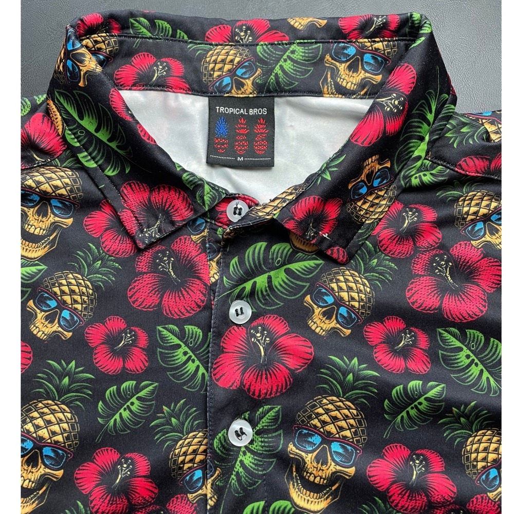 Tropical Bros Polo Shirt Mens Medium Black Excellent Pineapple Skull Hibiscus